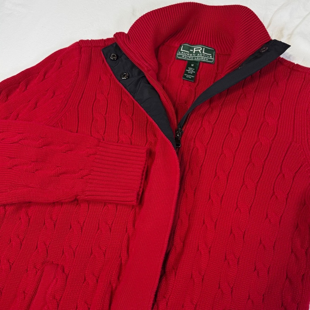 Lauren Ralph‎ Lauren Cable Knit Cardigan Sweater Red Mock Neck Women's Size Med